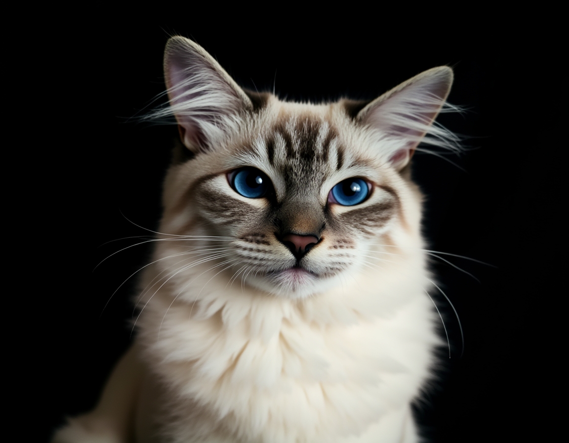 Close-up portrait of cat on a black background, with its alert expression and intricate details of its fur and whiskers in sharp focus.